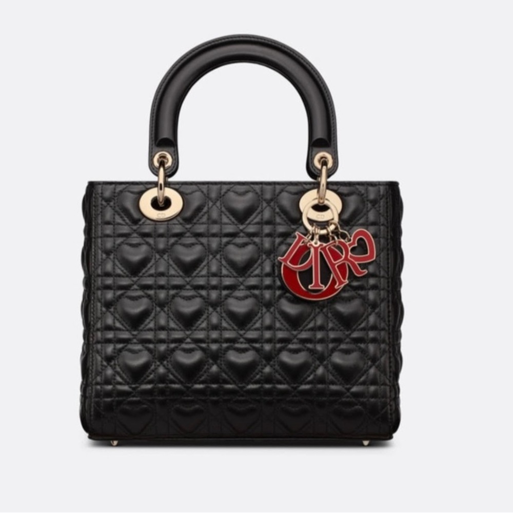 Medium Black Lady Dior (Dior Amour collection) in Lambskin with Heart Motifs